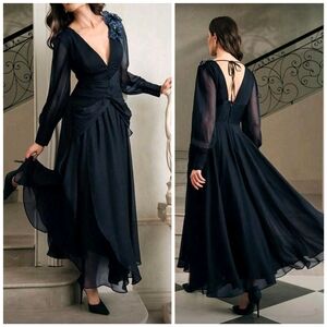 New Luxe Sequin Floral Pintuck Ruched Waist Flare Long Dress Navy Blue